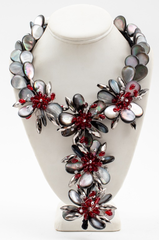 Appraisal: VINTAGE VILAIWAN ABALONE RED CRYSTAL NECKLACE Vintage Vilaiwan bib necklace