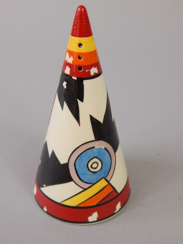 Appraisal: A Wedgwood Clarice Cliff conical sugar shaker with geometrical design