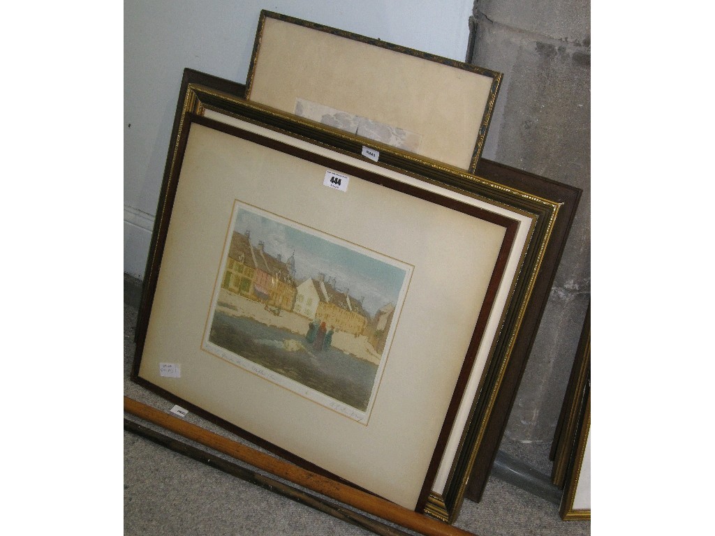 Appraisal: Lot comprising a French aquatint a Continental woodcut a watercolour