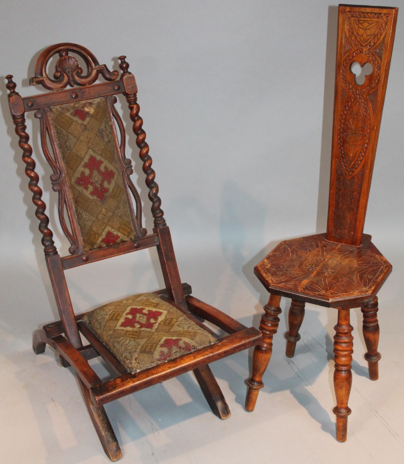 Appraisal: A late thC mahogany framed folding chair the embroidered back