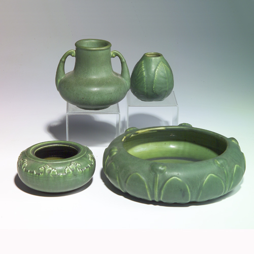 Appraisal: HAMPSHIRE Four items covered in matte green glaze low bowl