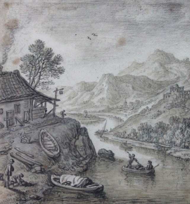 Appraisal: Herman Saftleven - River landscape with figures pencil chalk and