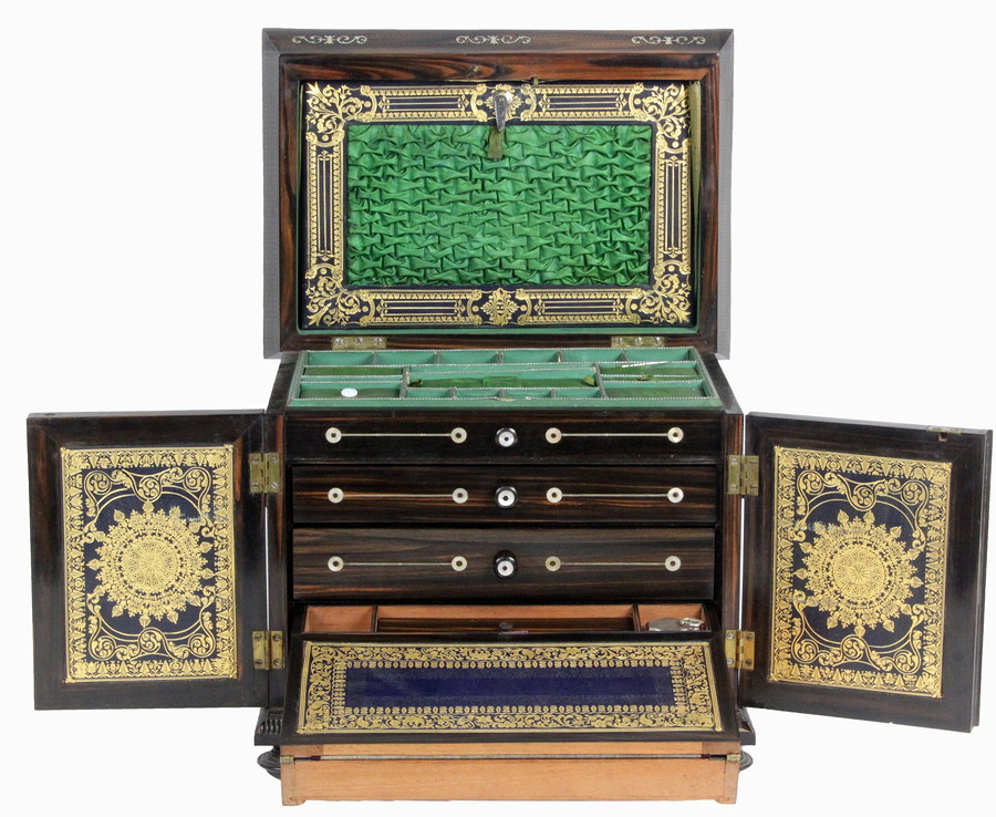 Appraisal: A Victorian amboyna work box inlaid mother-of-pearl the pagoda top