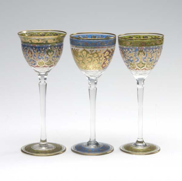 Appraisal: STEMWARE Set of eight enameled and cut wine glasses Unmarked