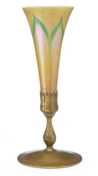 Appraisal: A Tiffany Studios decorated Favrile glass and gilt-bronze Trumpet vase