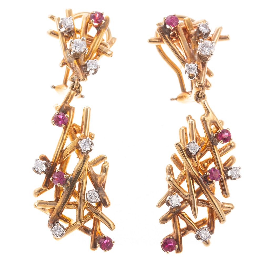 Appraisal: A Pair of Diamond Ruby Brutalist Earrings K yellow gold