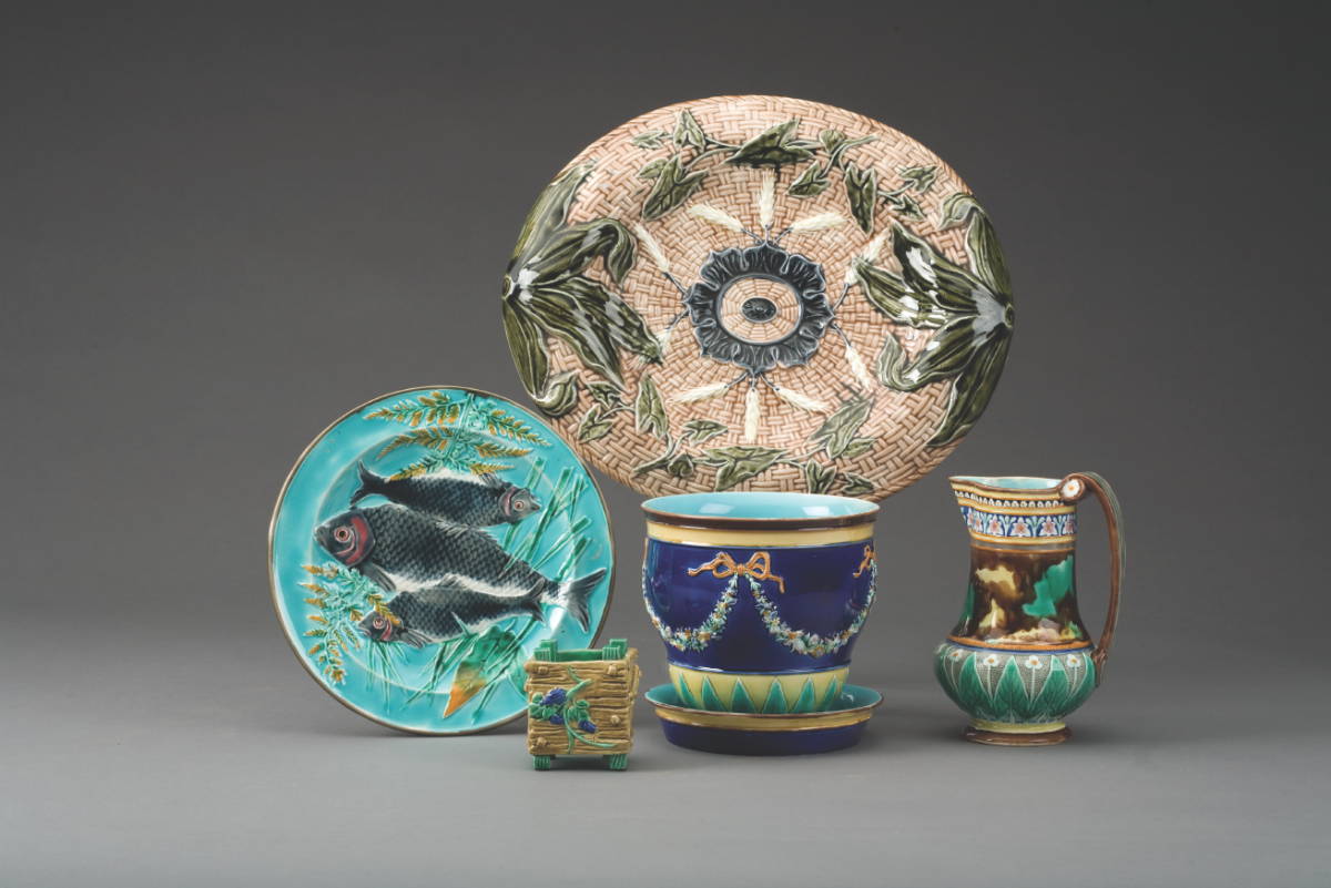 Appraisal: FOUR ENGLISH MAJOLICA WARES MID-LATE NINETEENTH CENTURY Comprising a pitcher