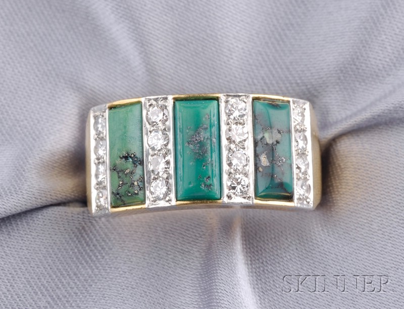 Appraisal: Turquoise and Diamond Ring designed as three rectangular buffed turquoise