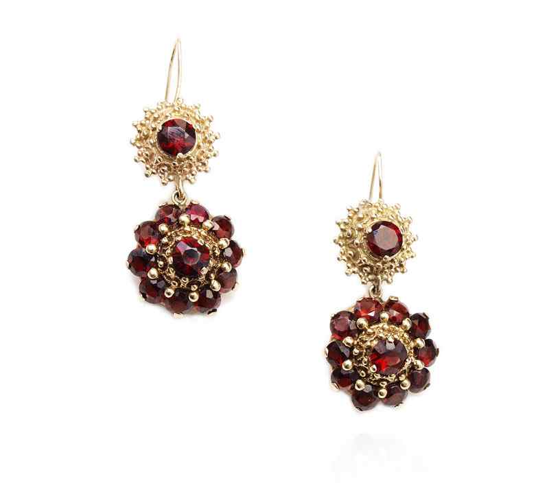 Appraisal: GARNET DROP EARRINGS Etruscan style K yellow gold earrings of