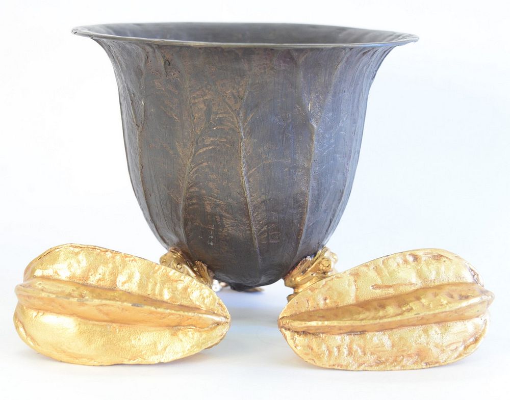 Appraisal: Three Bronze Pieces to include bronze bowl with leaf form