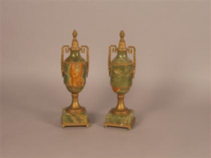 Appraisal: Pair of gilt metal mounted green onyx urns th century