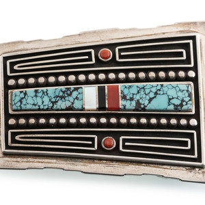 Appraisal: Albert Nells Din b Silver Belt Buckle with Turquoise Coral