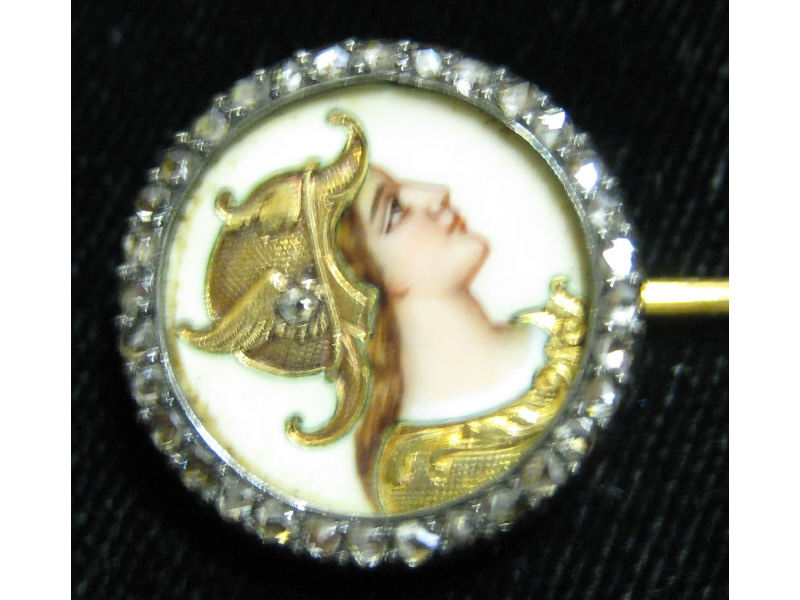 Appraisal: VICTORIAN PORTRAIT AND DIAMOND STICKPIN Silver and gold stickpin with