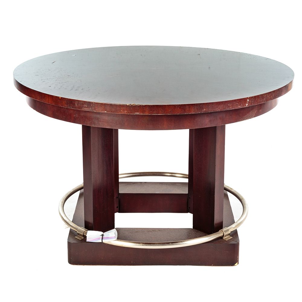 Appraisal: Art-Deco Round Mahogany Dining Table With chrome foot rest on