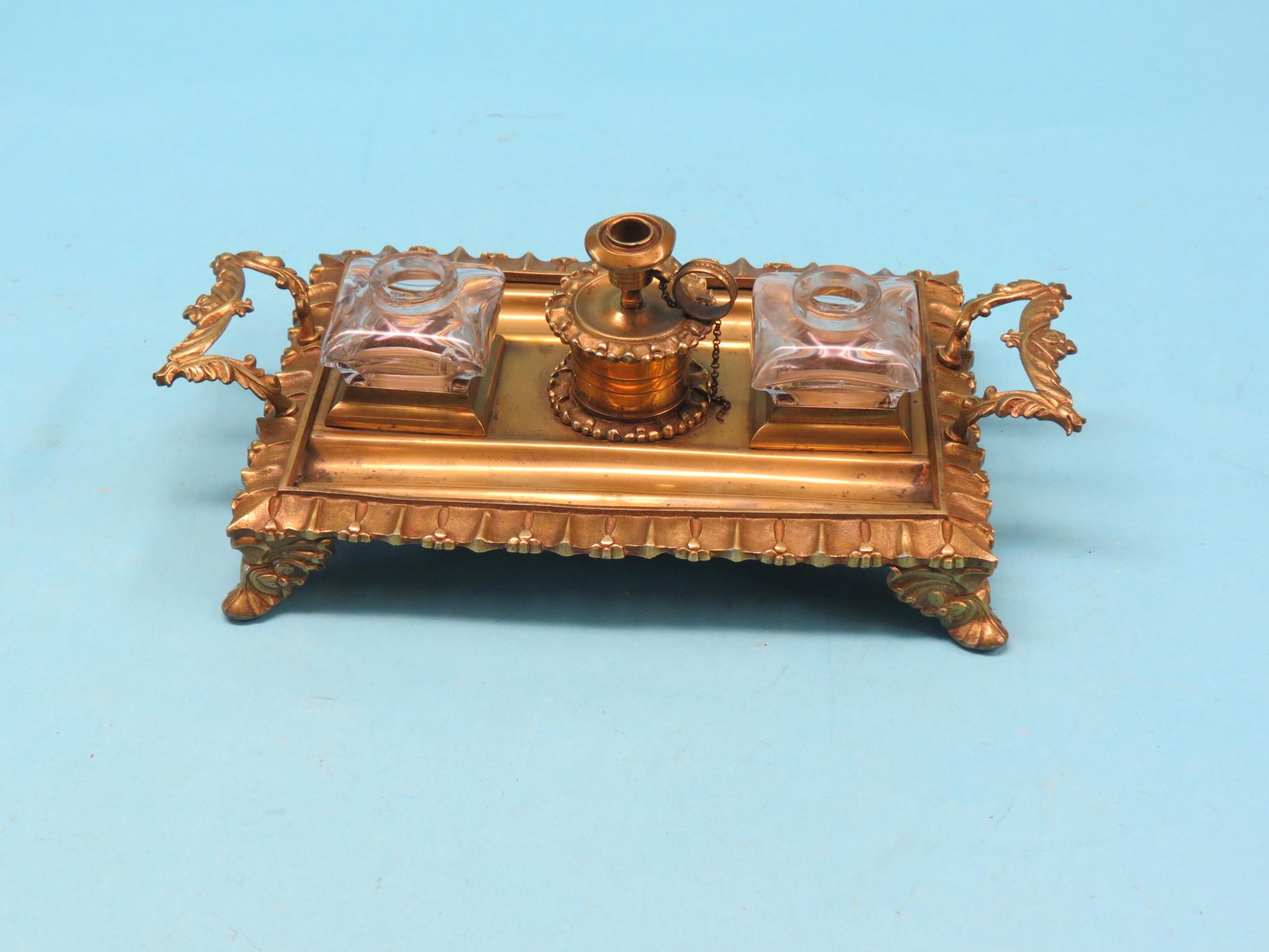 Appraisal: A late th century brass inkstand two-handled rectangular shape with