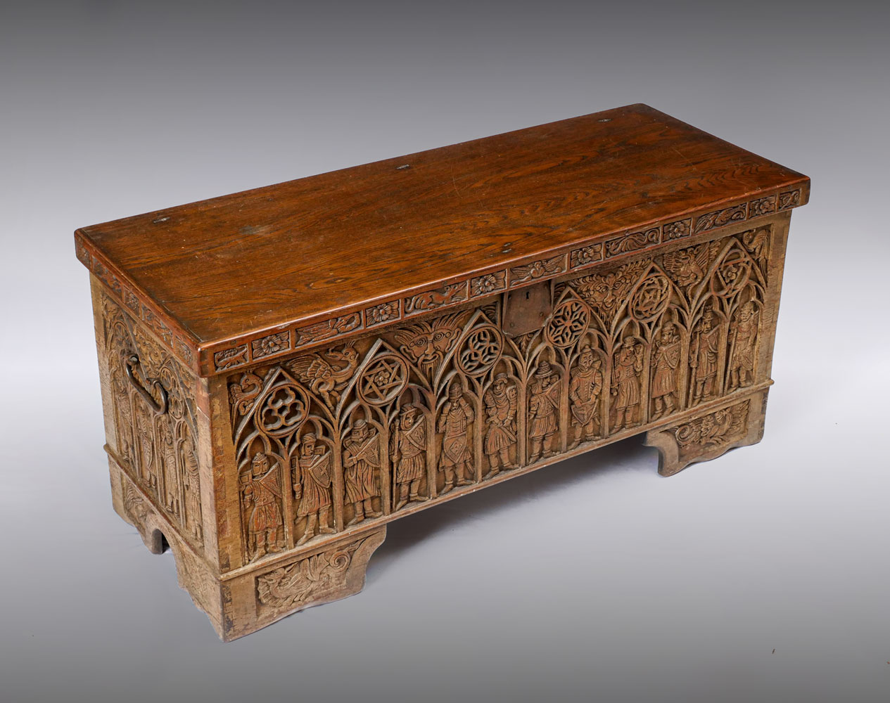 Appraisal: EARLY HEAVILY CARVED OAK GOTHIC STYLE COFFER Heavily carved early