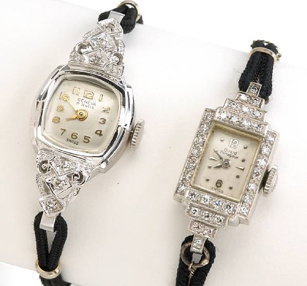 Appraisal: Two art deco K white gold diamond wristwatches Each with