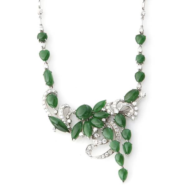 Appraisal: A jade diamond and k white gold necklace few diamond