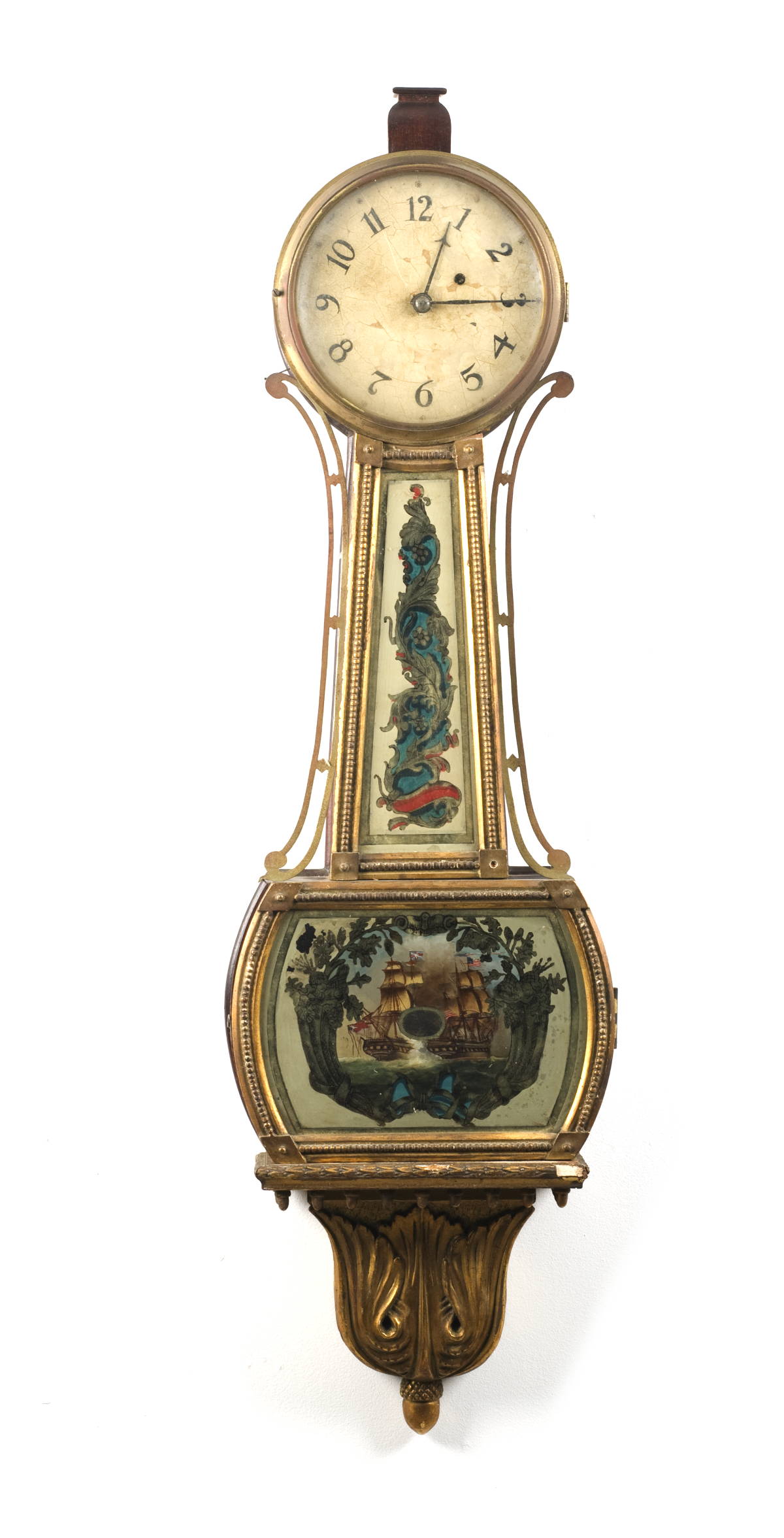 Appraisal: MAHOGANY GILTWOOD AND EGLOMISE BANJO TIMEPIECE The eglomise panel depicting