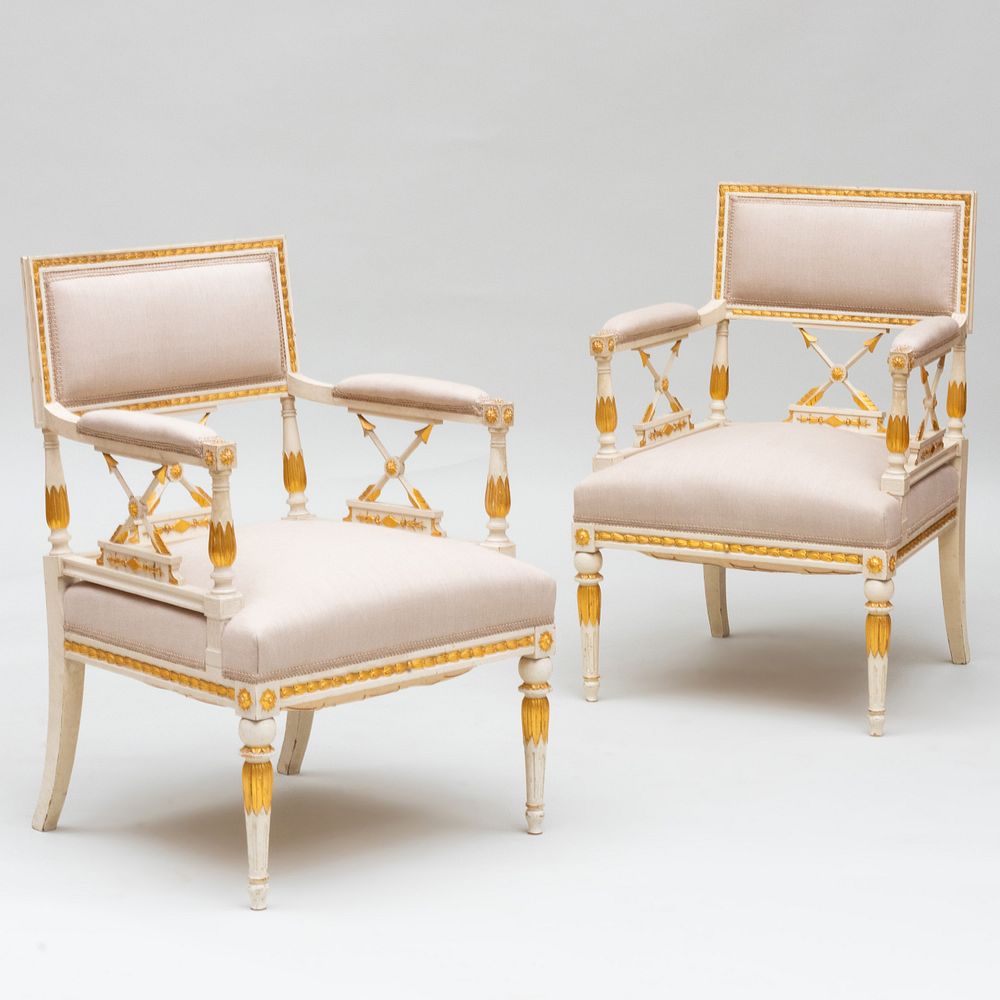 Appraisal: Pair of Swedish Neoclassical Style Painted and Parcel-Gilt Armchairs With