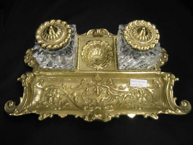 Appraisal: Brass Inkstand double glass wells