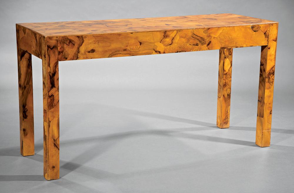 Appraisal: Italian Olivewood Console Table rectangular top conforming freize square legs