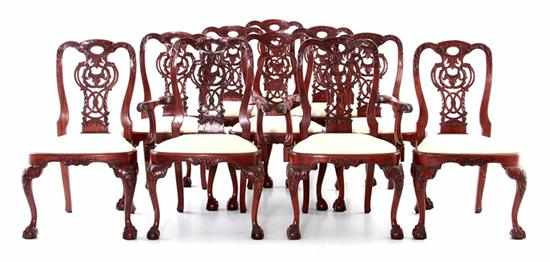 Appraisal: English carved mahogany dining chairs comprised of two arms eight