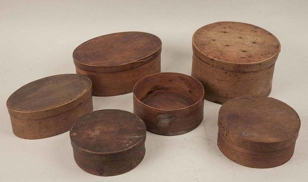 Appraisal: Six Antique Wood Boxes Six assorted antique wood boxes two