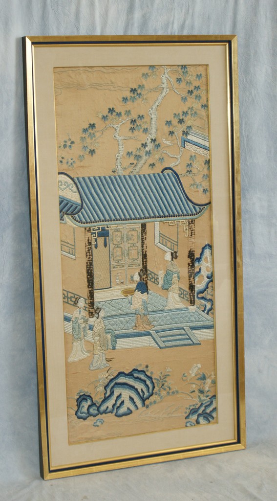 Appraisal: Chinese silk embroidery House Interior Genre Scene in Landscape x