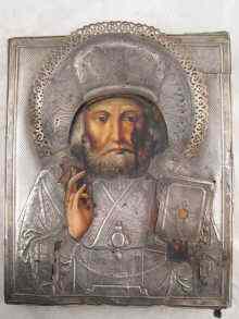 Appraisal: A Russian Orthodox icon of Christ Pantocrator with silver reza