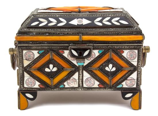 Appraisal: Sale Lot A Moroccan Bone and Stone Inlay Jewelry Box