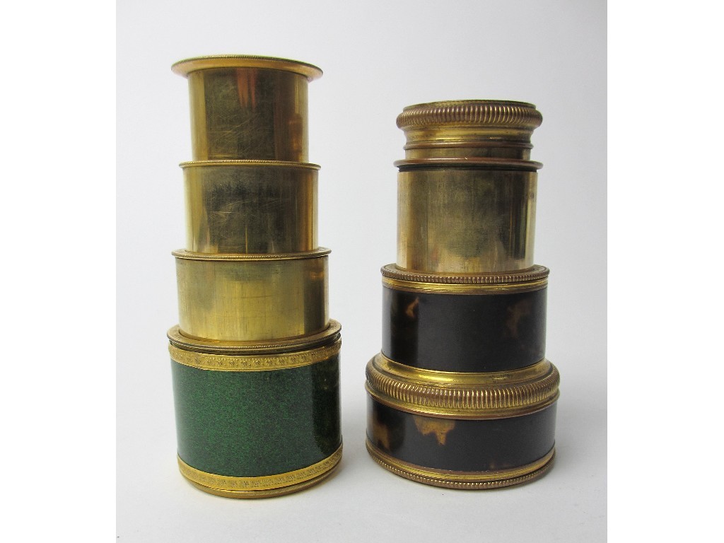 Appraisal: A brass and tortoiseshell three drawer telescope cm long another