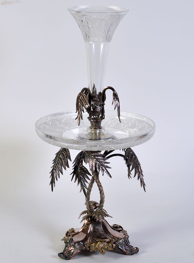 Appraisal: Palm Tree Silverplate Centerpiece Vase Silverplate epergne with cut glass