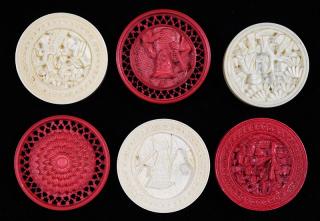 Appraisal: Hand Carved Ivory Checker Pieces Chinese ca Twenty-five red and