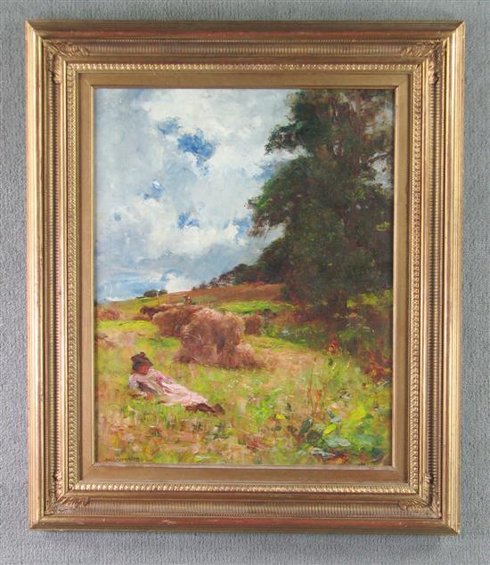 Appraisal: Hague J Anderson British - Oil on canvas rural haying