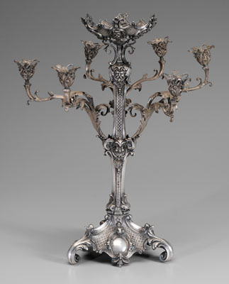 Appraisal: Ornate silver-plate centerpiece three arms six sockets scroll foliate and