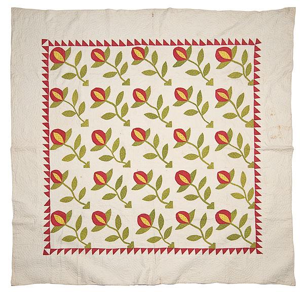 Appraisal: RED AND GREEN FLORAL APPLIQU QUILT American circa printed and