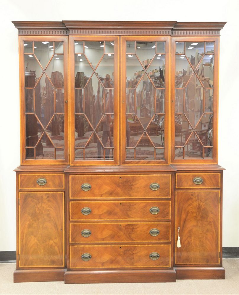 Appraisal: Beacon Hill mahogany breakfront banded and line inlaid with drop-front