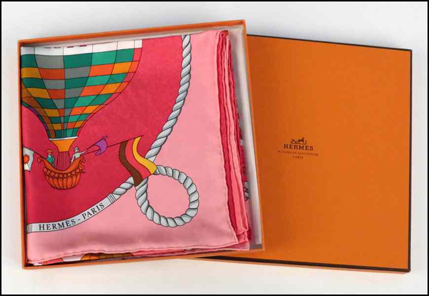 Appraisal: HERMES SILK SCARF Les folies du ciel Loic Dubigeon With