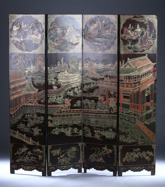 Appraisal: CHINESE BLACK LACQUER FOUR-FOLD SCREEN century Painted to depict court