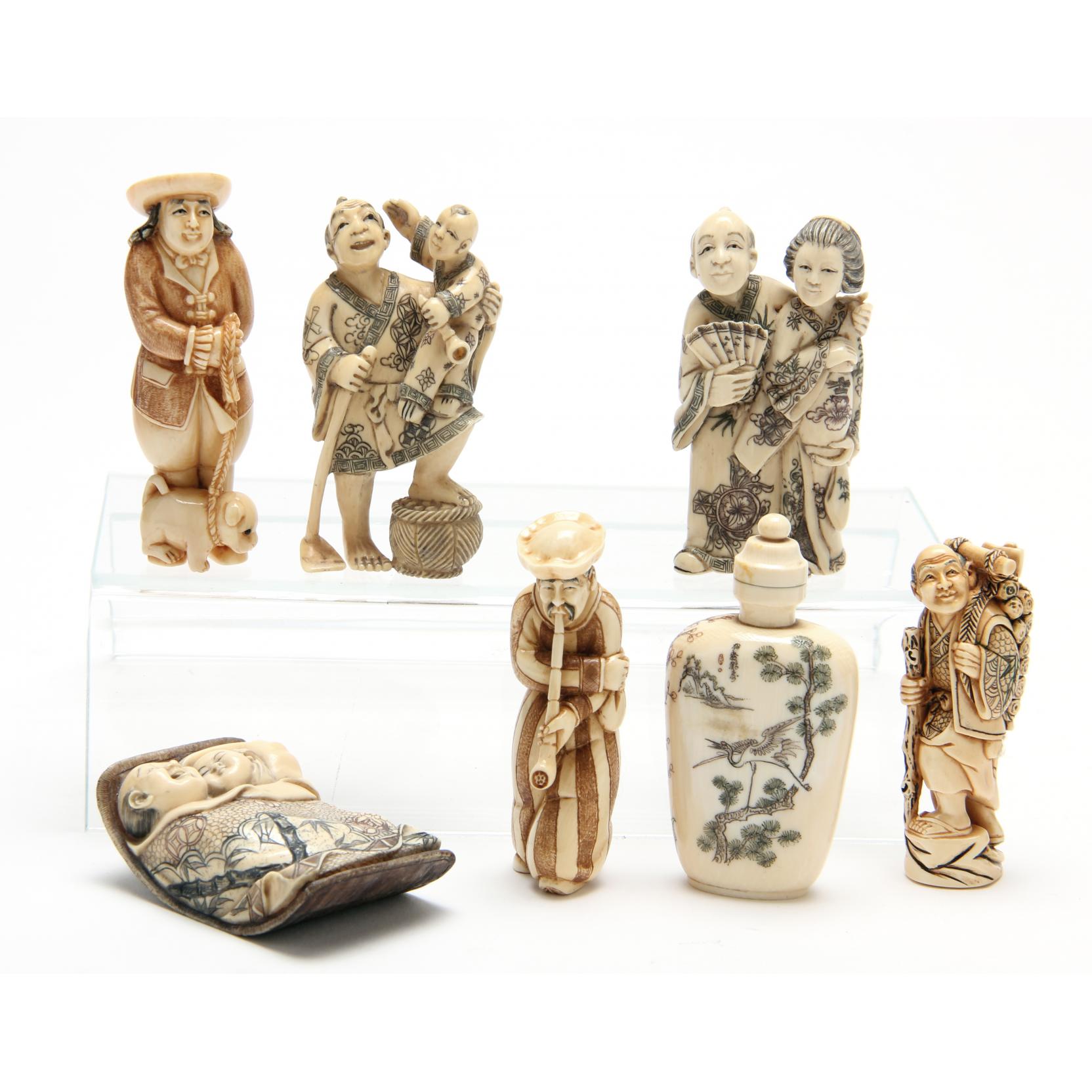 Appraisal: Group of Seven Netsuke th century Ivory various figures and