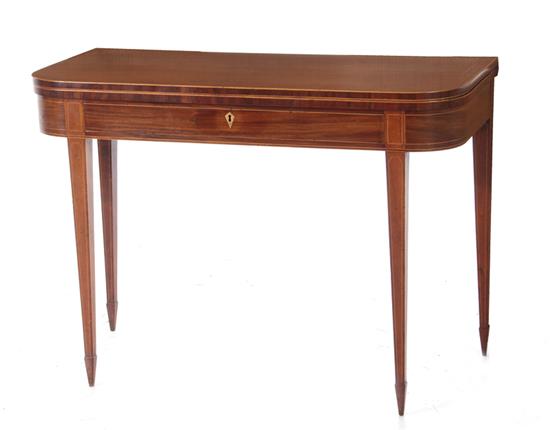 Appraisal: Hepplewhite inlaid mahogany games table circa D-shape foldover top drawer