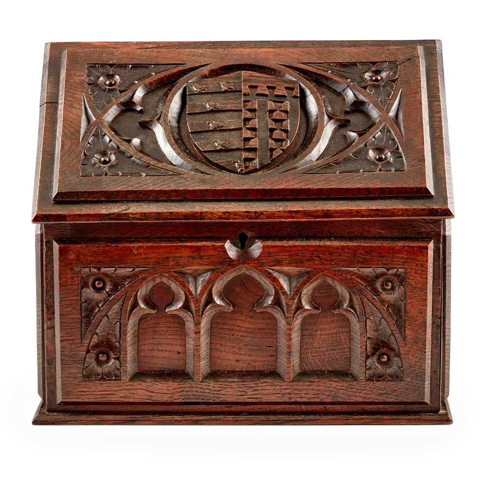 Appraisal: ENGLISH GOTHIC REVIVAL STATIONERY BOX CIRCA stained and carved oak