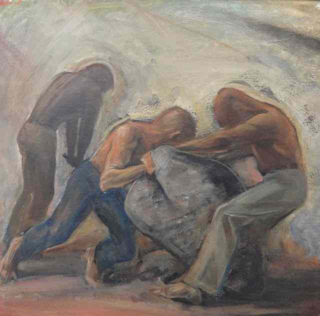 Appraisal: Signed WPA Style Oil on Board of Men Pushing aBoulder