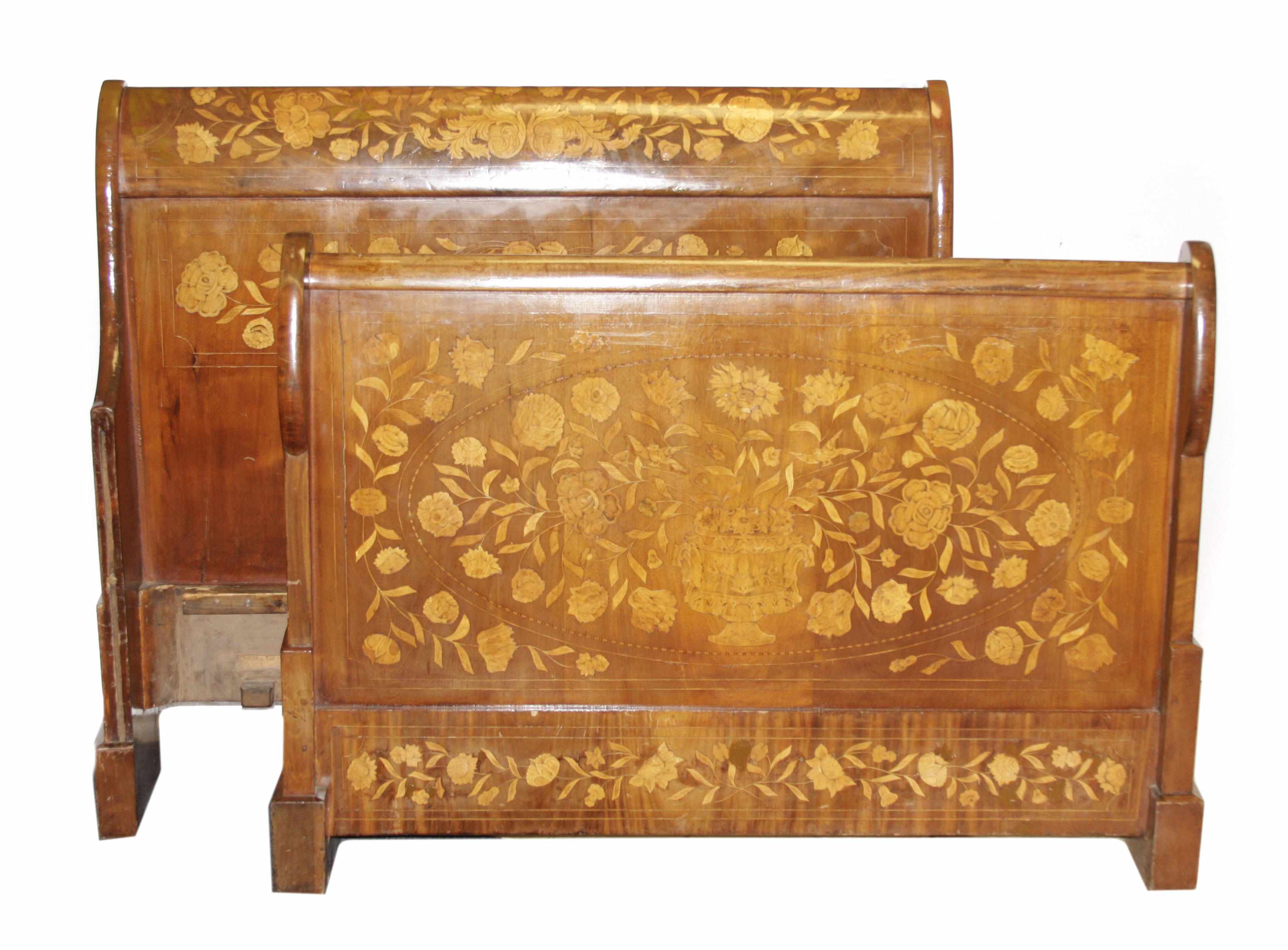 Appraisal: A Dutch Neoclassical floral marquetry walnut bed height in width