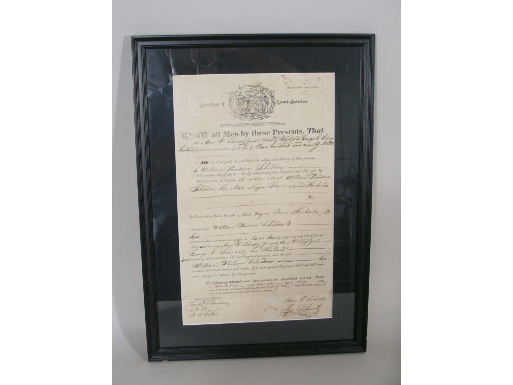 Appraisal: South Carolina Slave Bill of Sale partially printed document one