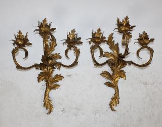 Appraisal: Pair of gilt metal acanthus scroll candle sconces Pair of