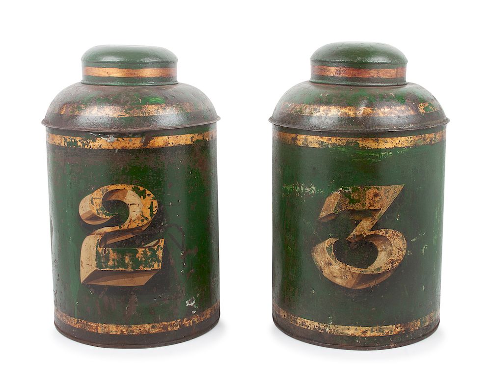 Appraisal: A Pair of Tole Painted Tea Canisters Height inches A