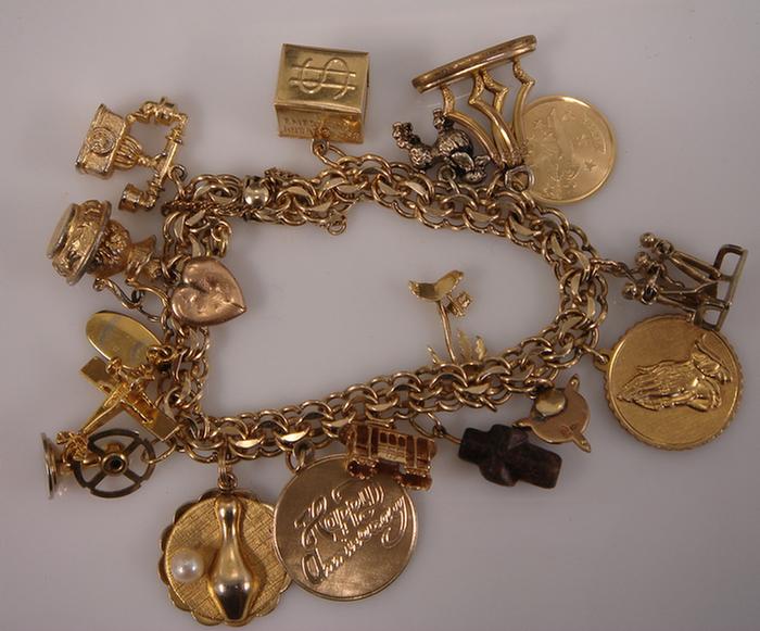 Appraisal: Gold-filled Charm Bracelet Double curb link chain with charms Estimate