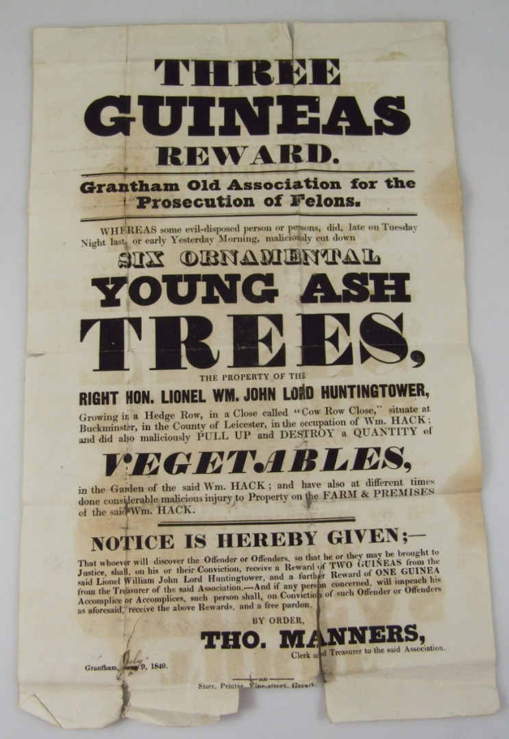 Appraisal: An Grantham Three Guineas Reward Prosecution Of Felons paper advert